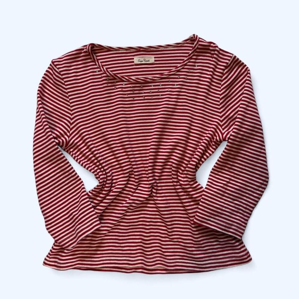 Onque Casuals Women's Red and White Striped Bedazzled 3/4 Sleeve Shirt